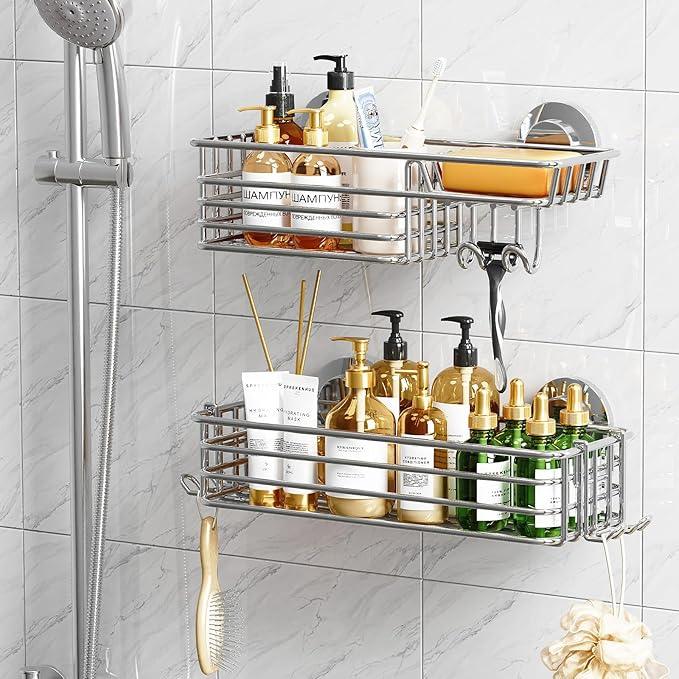 TAILI Shower Caddy Suction Cup 2 Pack with Hooks and Soap Holder, Heavy Duty Shower Organizer for Bathroom, No Drilling Silver bathroom suction shelves - ModernBath