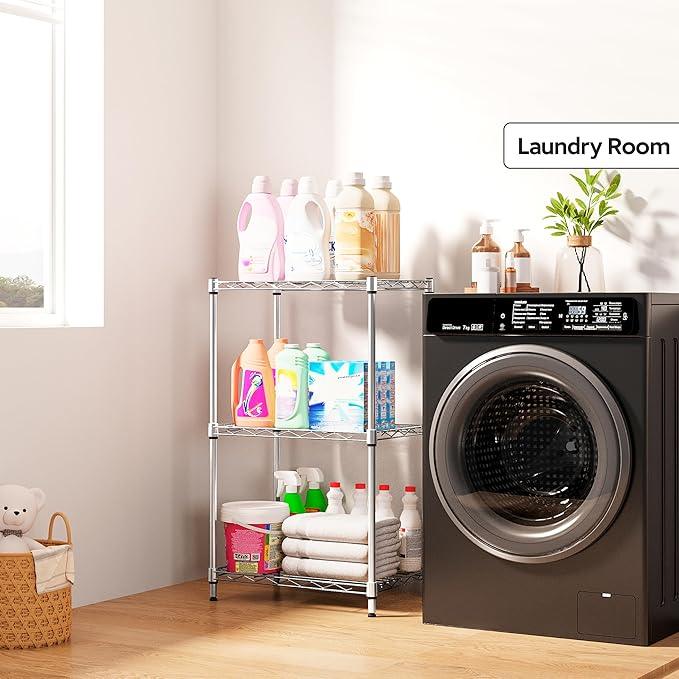 3 Tiers Shelf Metal Storage Shelves Wire Rack Closet Organizers with Wheel for Garage Kitchen Bathroom Laundry Chrome 11.8" D x 17.7" W x 28.8" H - ModernBath