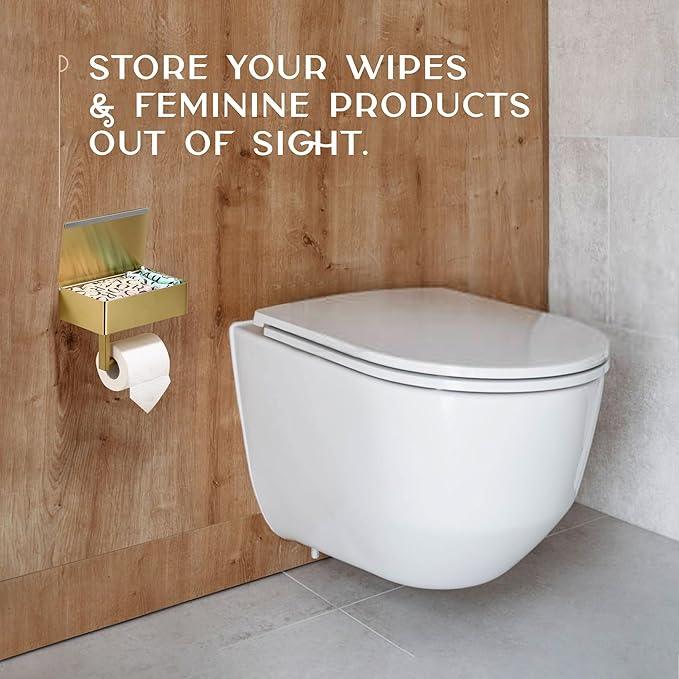 Day Moon™ Brushed Gold Toilet Paper Holder with Shelf, Wipe Holder for Bathroom Flushable Wipes Dispenser, Toilet Paper and Wipes Holder, Toilet Paper Holder with Storage - ModernBath