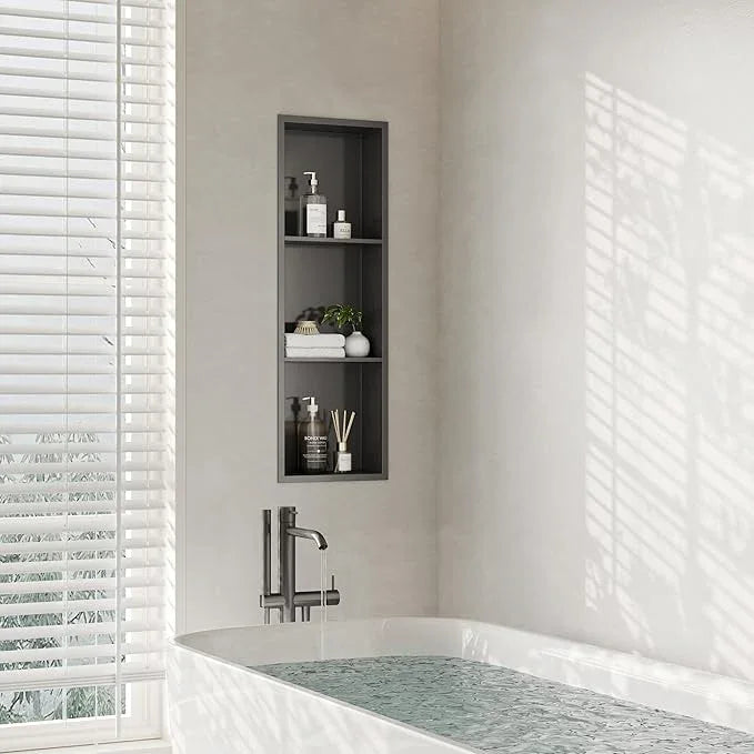 Qeke Stainless Steel Shower Niche 12" X 36", Bathroom Wall Niche Three-Tier, No Tile Needed Recessed Shower Shelf for Bathroom Storage, Gun Metal - ModernBath