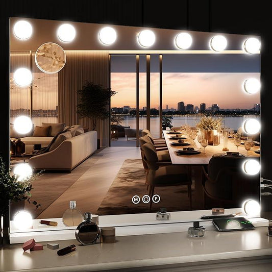 ROLOVE 32"x24" Hollywood Vanity Mirror with Lights, 18 Dimmable LED Bulbs, 3 Color Modes, 10X Magnification, USB Charging Port, Tabletop or Wall-Mounted - ModernBath