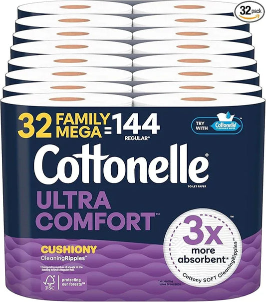 Cottonelle Ultra Comfort Toilet Paper with Cushiony CleaningRipples Texture, 32 Family Mega Rolls = 144 Regular Rolls (8 Packs of 4) - ModernBath