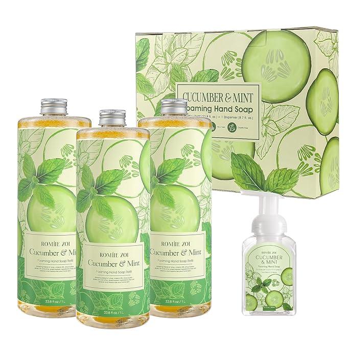 ROMIIE ZOI Foaming Hand Soap Refill Gift Set – 3 Pack (1000ML Each) with Dispenser – Cucumber & Mint Scent – Gentle & Moisturizing Plant-Based Formula – Bulk Refill Bottles for Bathroom & Kitchen Use - ModernBath