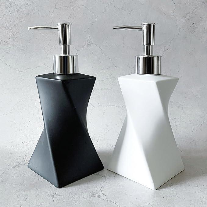 2 Pack Modern White & Black Hand Soap Dispenser Set for Bathroom Countertop, Dish Soap Dispenser for Kitchen, Contemporary Art Style, Rust Proof, 8.5oz - ModernBath