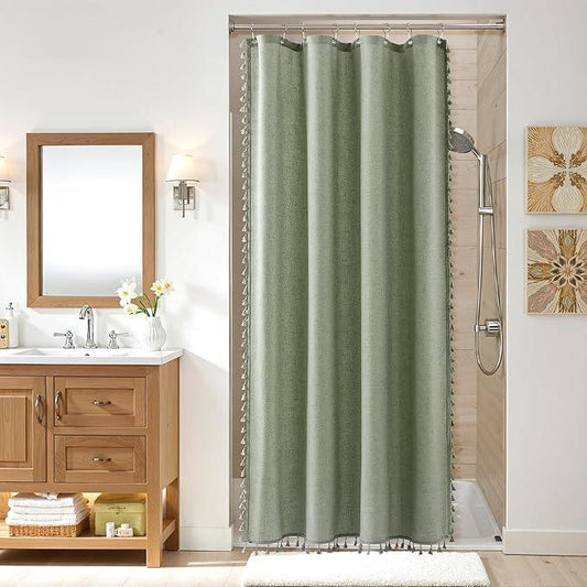 Nanspring Stall Sage Green Boho Linen Shower Curtain 42 Inches Long Weighted Tassel Stall Shower Curtain Set with Hooks Modern Vintage Country Bath Curtain for RV Camper Small Bathroom 42x72, Green - ModernBath