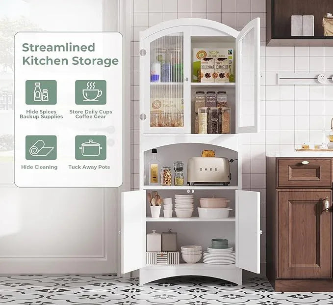 Kitchen Pantry Cabinet, Upgraded All Painted Tall Bathroom Cabinet, Modern White Kitchen Hutch W/Microwave Stand & Fluted Glass Doors, White Wooden Storage Cabinet for Living Dining Room - ModernBath