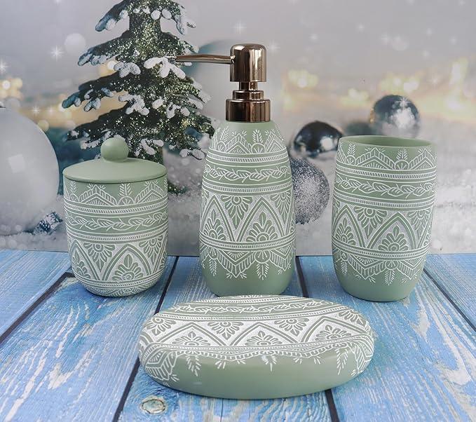 Hymmah Green Bathroom Accessories Set,Farmhouse Bathroom Decor,4 Pcs Resin Gift Set Apartment Necessities, Contain Cotton Swab Jar,Soap Dispenser,Tumbler，Soap Dish/Tray - ModernBath