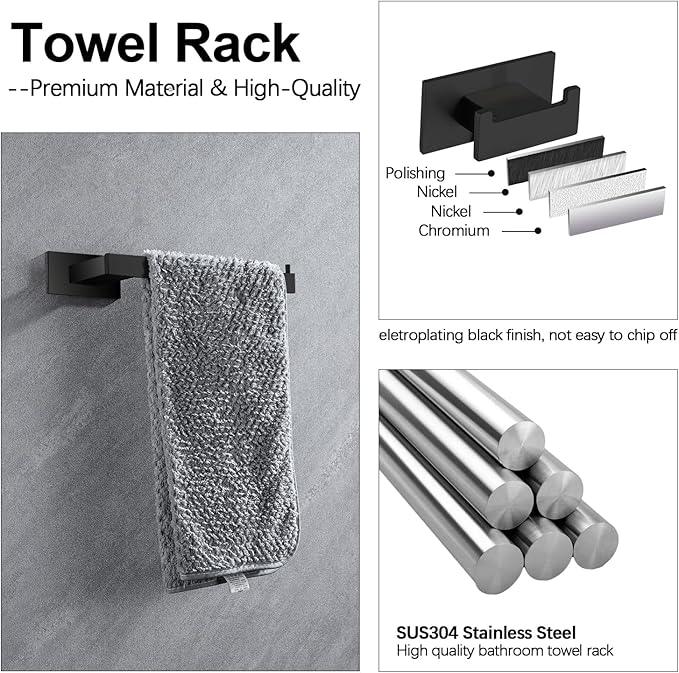 4-Pieces Bathroom Hardware Accessories Set, Towel Rack Towel Bar Toilet Paper Holder Towel Hook Self Adhesive Stainless Steel Towel Rack Set for Bathroom Wall Mounted, Matte Black 16 Inch - ModernBath