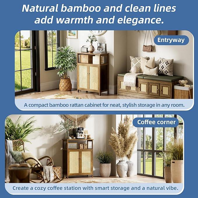HITNET Rattan Bathroom Floor Cabinet, Freestanding Bamboo Storage Cupboard with 2 Doors, Living Room Sideboard, Space Saving, Walnut - ModernBath