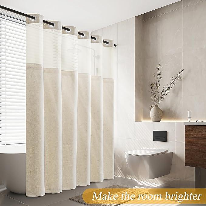 Jowels No Hooks Shower Curtain with Snap-in Fabric Liner Set, Hotel Luxury Decor Shower Curtains for Bathroom with See Through Top Window, Waterproof & Washable, 72Wx75H, Cream - ModernBath