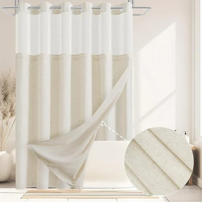 Jowels No Hooks Needed Linen Shower Curtain and Liner Set, Hotel Luxury Decor Shower Curtains for Bathroom with See Through Top Window,Water Resistant Fabric,72Wx81L,Natural Linen - ModernBath