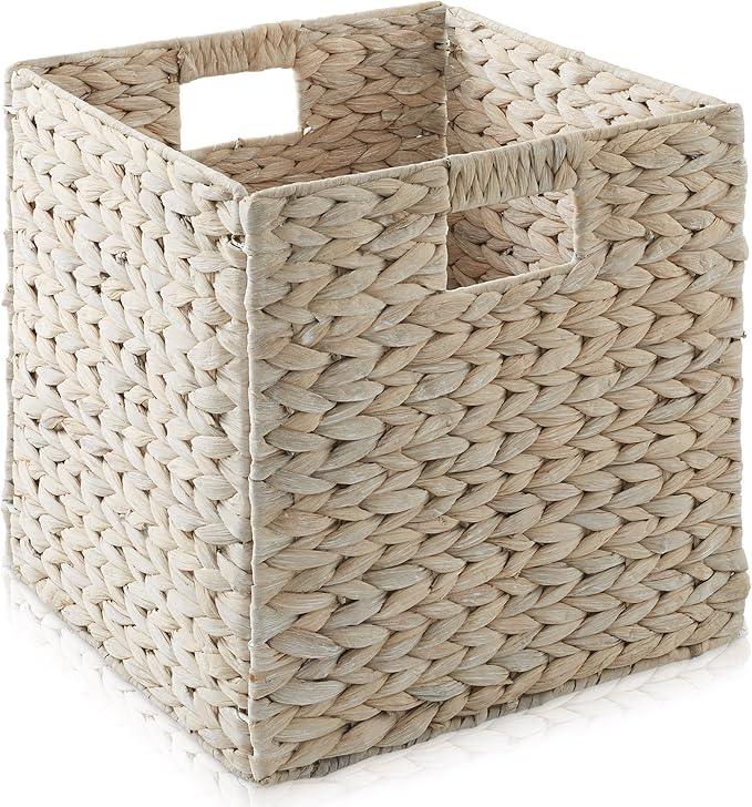 Casafield 12" x 12" Hyacinth Storage Baskets, Whitewash - Set of 6 Storage Organizers, Woven Wicker Cubes for Bathroom, Bedroom, Laundry, Shelves - ModernBath