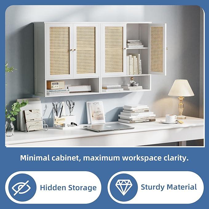 HITNET Bathroom Wall Cabinet, Rattan Medicine Cabinet, Bamboo Hanging Storage Organizer Over The Toilet with Adjustable Shelf for Living Room, Kitchen, Hallway(White) - ModernBath