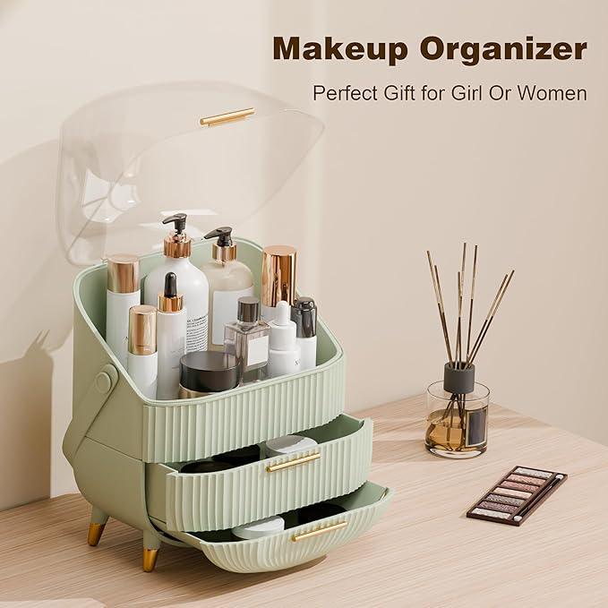 lurcns Makeup Organizers and Storage, Make up Organizer for Vanity Cosmetics Skincare Organizers With Lid and Drawers Display Cases for Countertop（Light Green） - ModernBath