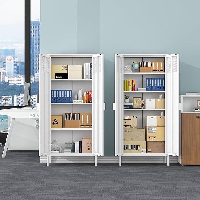 COFaR 4 Tier Black Metal Storage Cabinet, Free Standing with 2 Doors, 3 Adjustable Shelves and Legs, Cupboard Metal Cabinet for Living Room, Kitchen, Dining Room, Office - ModernBath
