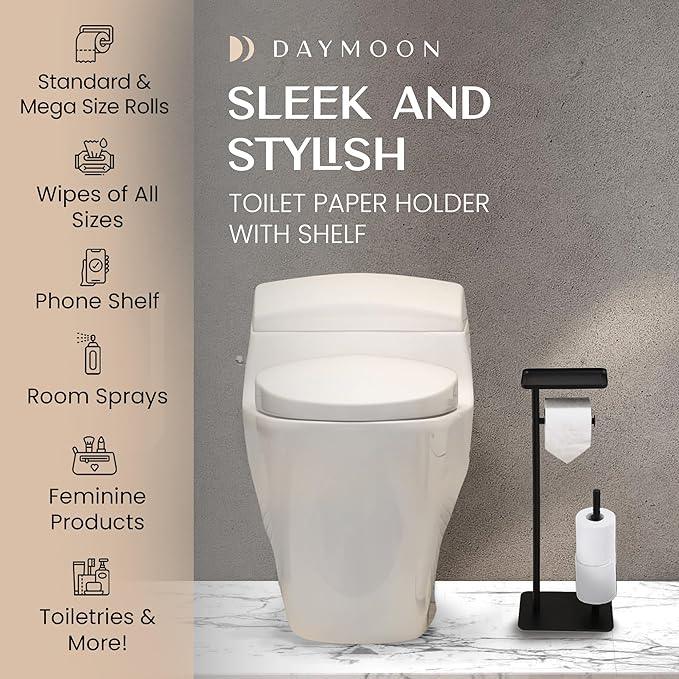 Day Moon™ Matte Black Toilet Paper Holder Free Standing Toilet Paper Holder with Storage - Toilet Paper Stand and Tissue Holder for Bathroom - Toilet Paper Holder with Shelf and Wipe Holder - ModernBath