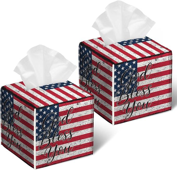 American Flag Tissue Box Cover 2PCS, God Bless You Leather Tissue Box Holder Square Facial Paper Case Tissue Box Cube Organizer for Bathroom Bedroom Desk Office - ModernBath