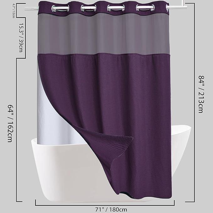 Conbo Mio Extra Long No Hook Waffle Weave Shower Curtain with Snap in Liner Set, Hotel Luxury Purple Shower Curtains for Bathroom with See Through Top Window, Waterproof, Washable 71W x 84H - ModernBath
