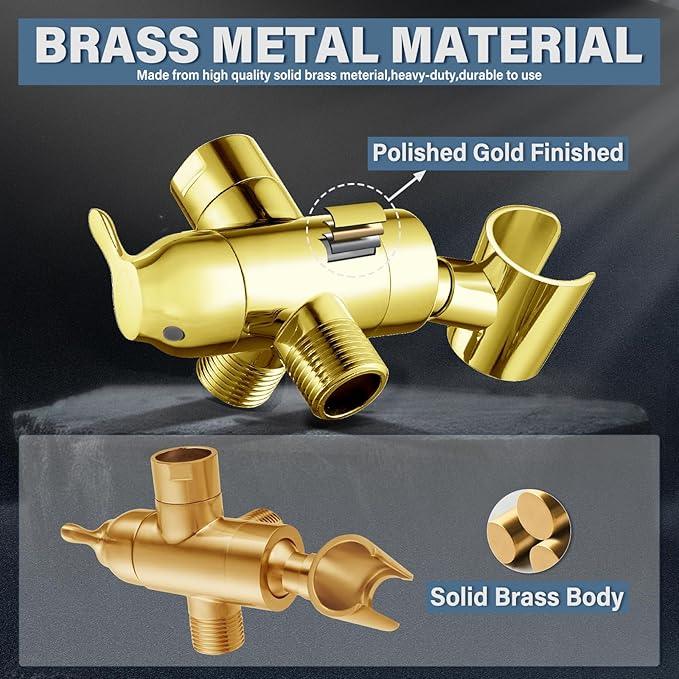 Shower Diverter Valve with Handshower Mount, G1/2 Brass Shower Arm Diverter 3 Way Bathroom Universal Shower System Replacement for Handheld Shower and Fixed Shower Head, Polisded Gold - ModernBath
