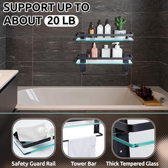 Suzile Set of 2 Glass Bathroom Shelves with Bar, Wall Mounted 15.7 x 4.7 Inches, Bathroom Shelves Hanging Modern Floating Shelf Metal Stick Room Rustproof Organizer Decorative(Black) - ModernBath