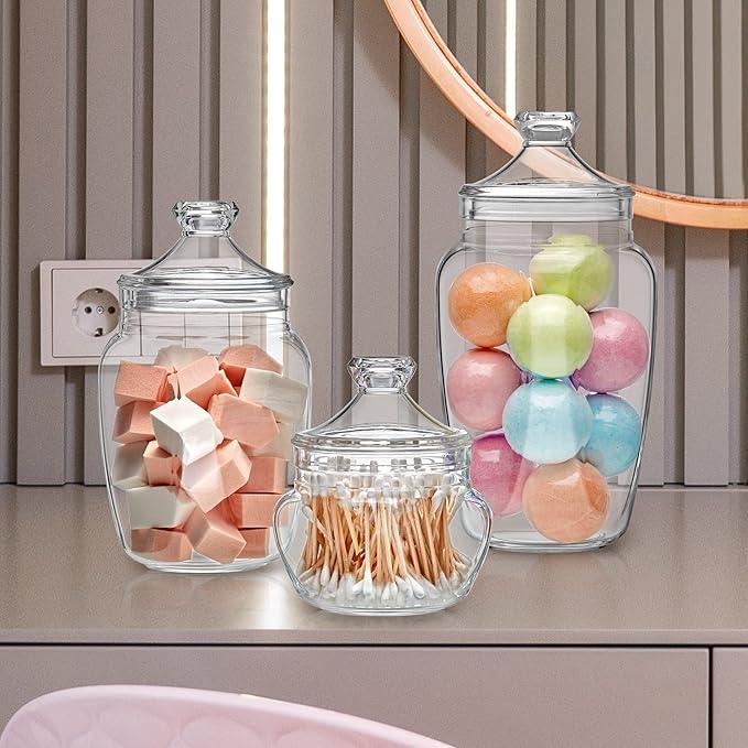 Amazing Abby - Embrace - Plastic Bathroom Canisters (3-Piece Set, 60/42/24 oz) (NOT Glass), Acrylic Apothecary Jars for Vanity, BPA-Free and Shatter-Proof, Great for Cotton Balls and Bath Sponges - ModernBath