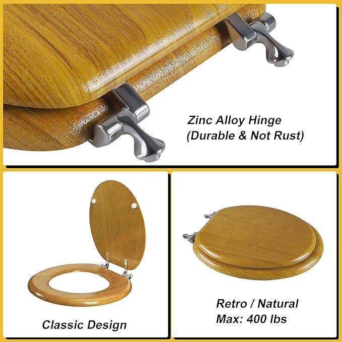 Angel Shield Durable Wood Veneer Natural Toilet Seat Metal Hinged Easy Clean Anti-scratch American Standard(Elongated,Oak) - ModernBath