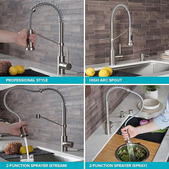 KRAUS Bolden Commercial Style 2-Function Single Handle Pull Down Kitchen Faucet in Spot-Free Antique Champagne Bronze/Matte Black, KPF-1610SFACBMB - ModernBath