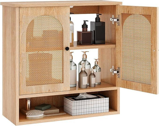 Tangkula Wall-Mounted Medicine Cabinet, with 2 Faux Rattan Doors & Adjustable Shelves, Open-Back Bathroom Cabinet Over The Toilet, Boho Hanging Storage Cupboard for Laundry Kitchen (No Back, Natural) - ModernBath