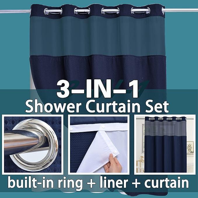 Conbo Mio No Hook Waffle Weave Shower Curtain with Snap in Liner Set, Hotel Luxury Navy Blue Shower Curtains for Bathroom with See Through Top Window, Waterproof, Washable 71W x 74H - ModernBath
