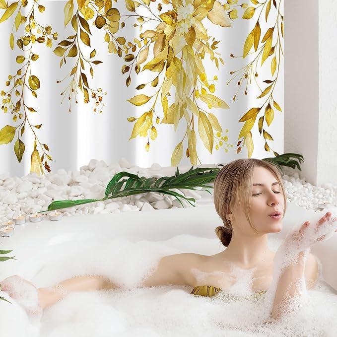 Gibelle Yellow Eucalyptus Shower Curtain, Watercolor Plant Leaves with Floral Bathroom Shower Curtain Set, 72x72 - ModernBath