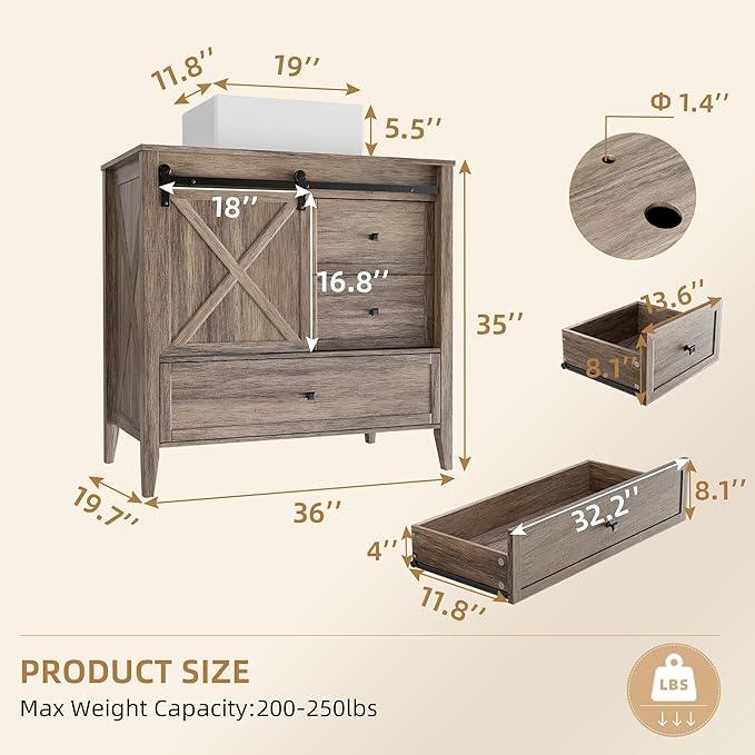 VNN Bathroom Vanity with Sink - 36 Inch Bathroom Vanity with Sink Ceramic, Freestanding Cabinet with Farmhouse Sliding Barn Door and 3 Drawers, Space-Saving Storage Cabinet, Wood Grain Texture, Grey - ModernBath