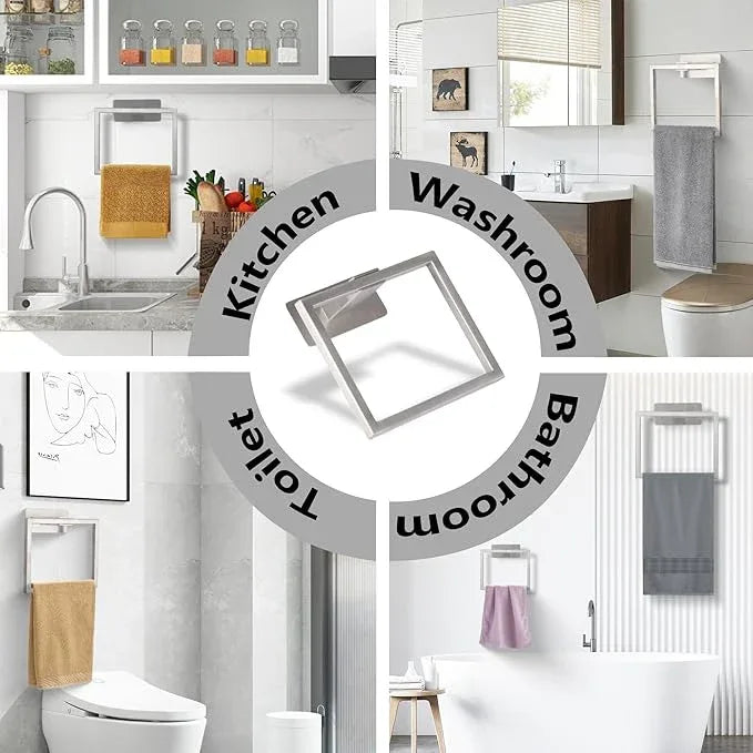 LANC Hand Towel Rings for Bathroom Wall Mount Brushed Finished Square Self Adhesive Hand Towel Holder for Kitchen Towel Holder Lavatory Stainless Steel Contemporary Shower Towel Racks, A8396BN - ModernBath