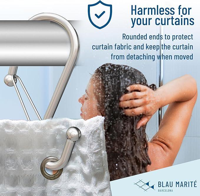 Blau Marité Set of 12 Silver Metal S Hook Shower Hooks 1” – Closed, Heavy Duty, Long Decorative Shower Curtain Hooks, Easy Glide, Buckle, Large Rust Resistant Rings for Bathroom Rods (Silver, S) - ModernBath