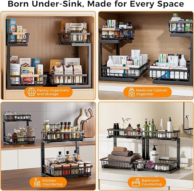 Under Sink Organizer,2 Pack Under Kitchen Sink Organizer,2 Tier Sliding-Out,5 Level Height Adjustable,Thickened Carbon Steel,Anti-rust Treatment,For Kitchen Bathroom Black - ModernBath