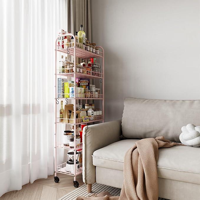 6 Tier Slim Rolling Storage Cart with Wheels, Metal Mobile Shelving Unit Organizer Utility Cart for Office Bathroom Kitchen Laundry Room Narrow Places (Pink 10 Inches) - ModernBath