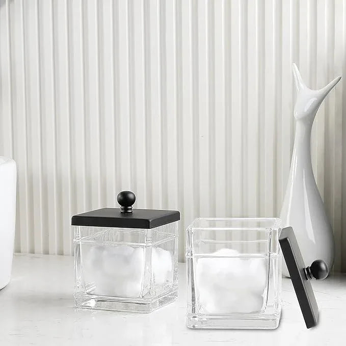 Indecor Home Glass Cotton Jar Holder 2 Pack– Matte Black Lid, Elegant Bathroom Storage Canister for Qtips, Cotton Balls, Floss, Makeup Organizer, Vanity & Bathroom Organization - ModernBath