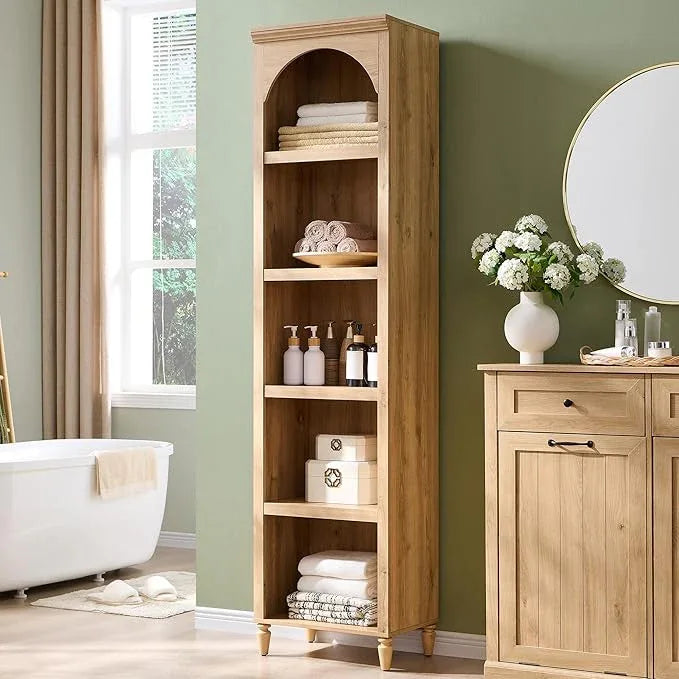 76" Tall Arched Bathroom Storage Cabinet, 5 Tiers Narrow Farmhouse Arched Cabinet w/Adjustable Shelves, Modern Wooden Storage Cabinet for Bathroom, Living Room, Entryway, Study Room (Natural) - ModernBath