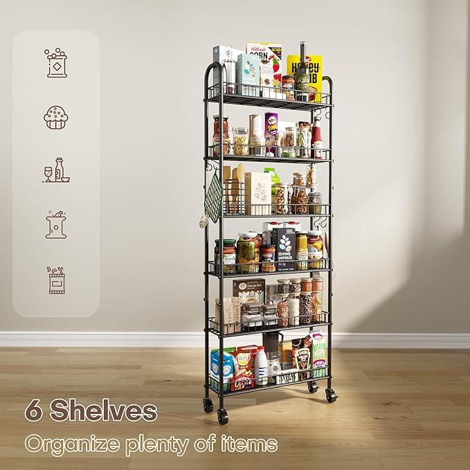 Slim Rolling Storage Cart with Wheels, Metal 6 Tier Mobile Shelving Unit Organizer Kitchen Utility Cart for Office Bathroom Kitchen Laundry Room Narrow Places (6inches) - ModernBath