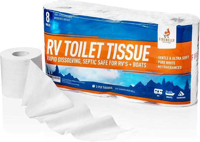 RV Toilet Paper, Septic Tank Safe-MADE IN THE USA- 8 Rolls,2-Ply 500 Sheets - Fast Dissolve Bath Tissue for Camping, Marine, RV Holding Tanks, Biodegradable - Firebelly Outfitters - ModernBath