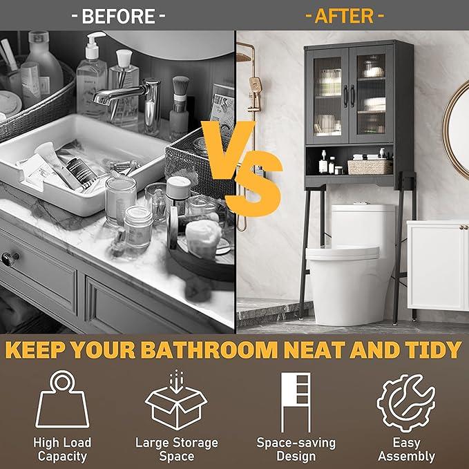 Over The Toilet Storage Cabinet with Tempered Glass Doors & Adjustable Shelf, Bathroom Organizer with Metal Stand Space Saver Over Toilet , Tall Freestanding Shelf/Rack for Bathroom, Black - ModernBath