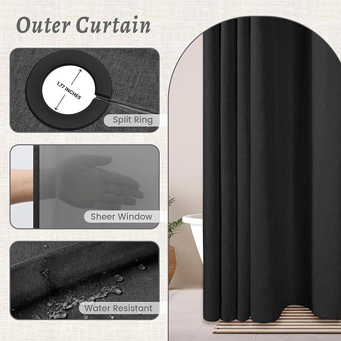 WONICY No Hook Shower Curtain with Snap in Liner, Polyester Textured Shower Curtain with Liner Set, Waterproof Washable Hotel Style Shower Curtains for Bathroom, 71Wx74H, Black - ModernBath