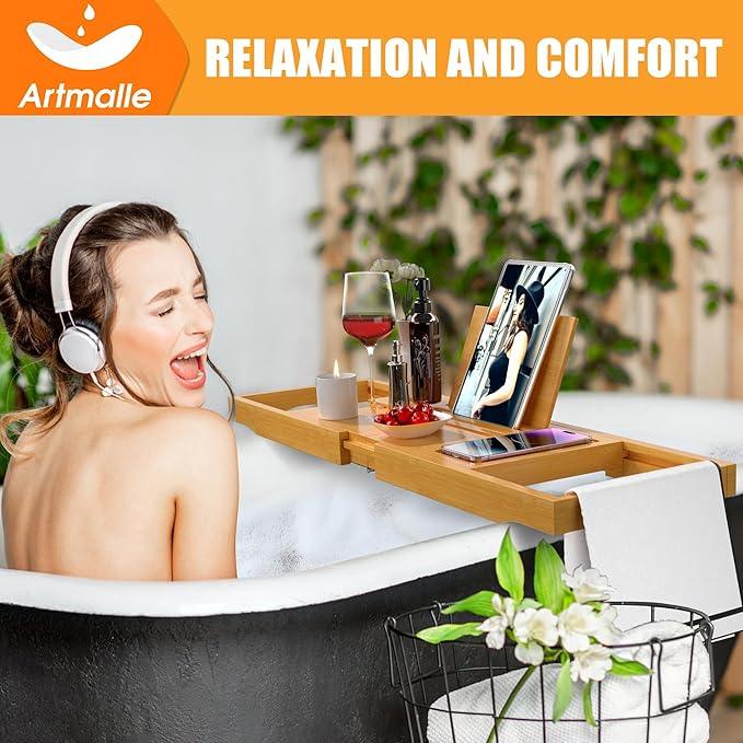 Artmalle Bathtub Caddy Tray for Tub, Expandable Bamboo Bath Table Tray with Book Stand for Home Spa Relaxing, Foldable Minimalist Bathroom Accessories for Women Men (Simple, Natural) (Natural) - ModernBath
