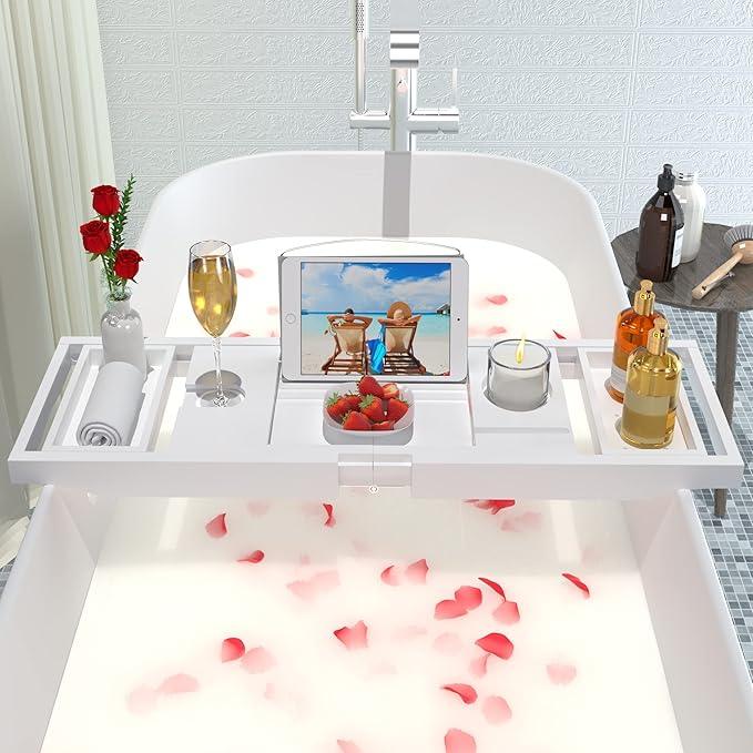 Artmalle Bathtub Caddy Tray - Expandable and Foldable Bath Tray for Tub, Luxury Bamboo Bath Caddy Tub Table, Bathtub Accessories with Book Holder and Free Soap Dish, White - ModernBath