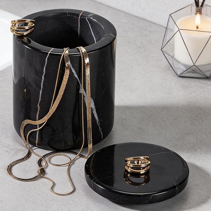 Black Marble Canister, Natural Otip Holder Dispenser with Lid, 3 x 3.5 Inch Cylinder Canister, High Capacity Bathroom Qtip Holder Storage for Cotton Swab, Floss Picks, Makeup Pad (Small) - ModernBath