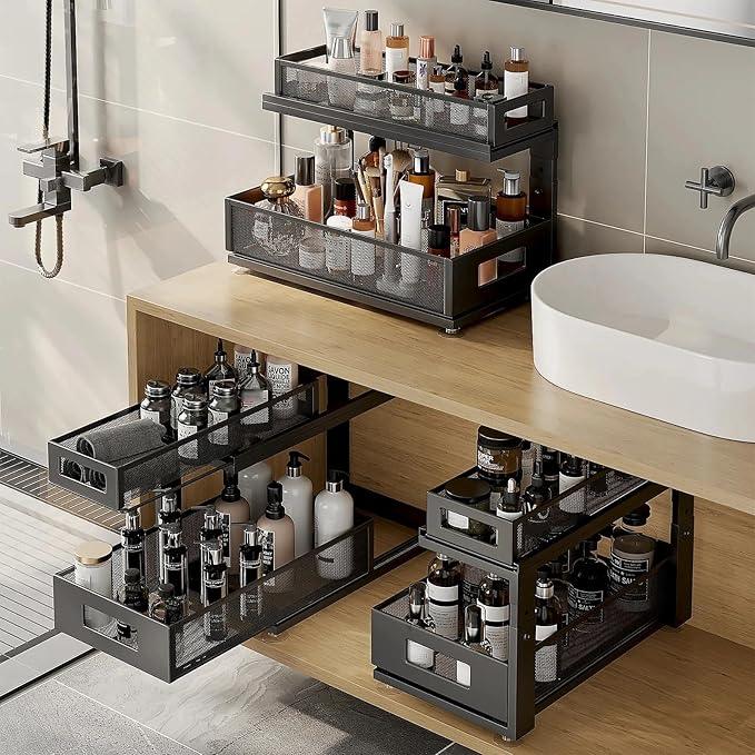 2 Pack 18.5IN-Depth Under Sink Organizer With Next-Gen Ball-Bearing Slides,2-Tier Pull Out Cabinet Storage,Height Adjustable Drawer Shelf for Bathroom,Kitchen,Laundry,Cabinet,Pantry-Black - ModernBath