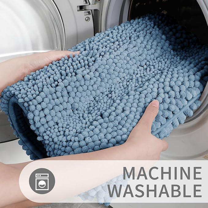 Yimobra Toilet Rugs U Shaped Washable 24 x 20, Non Slip and Super Absorbent Toilet Mat, Quick Dry, Ultra Luxury Microfiber Chenille Plush Fluffy Contour Bath Rugs for Toilet Base, Denim Blue - ModernBath
