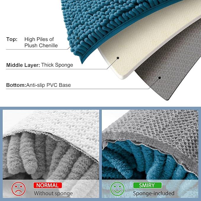 Smiry Luxury Chenille Bathroom Rugs 30x20, Extra Soft and Absorbent Shaggy Bath Mat, Machine Washable, Non-Slip Plush Carpet Runner for Tub, Shower, and Floor, Home Decor Accessories, Peacock Blue - ModernBath
