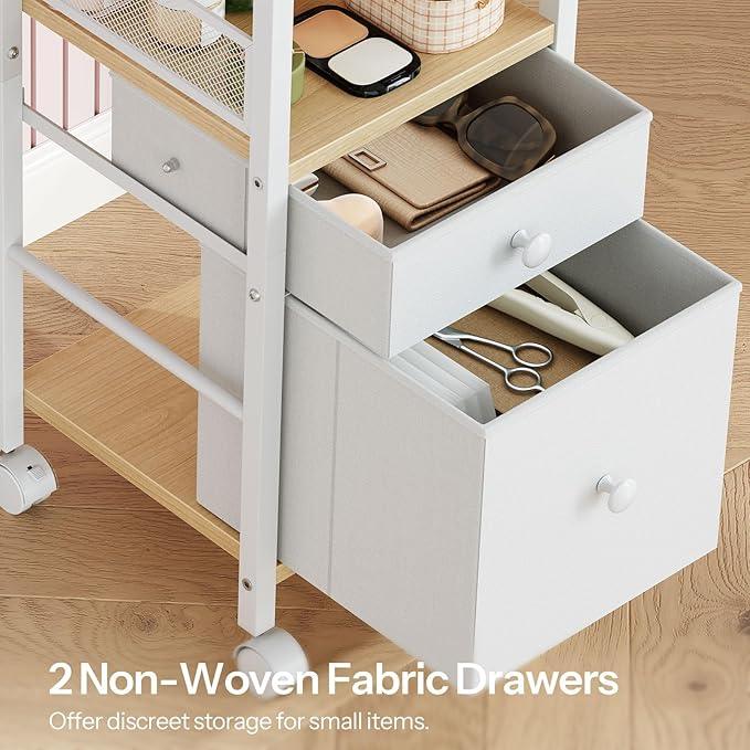 HOOBRO Makeup Organizer Cart, Floor Makeup Storage with Fabric Drawers, Mobile Vanity Organizer, Cosmetics Display Cases, for Skincare, Brush, Hair Tool, Perfume, White and Natural WN19TC04 - ModernBath