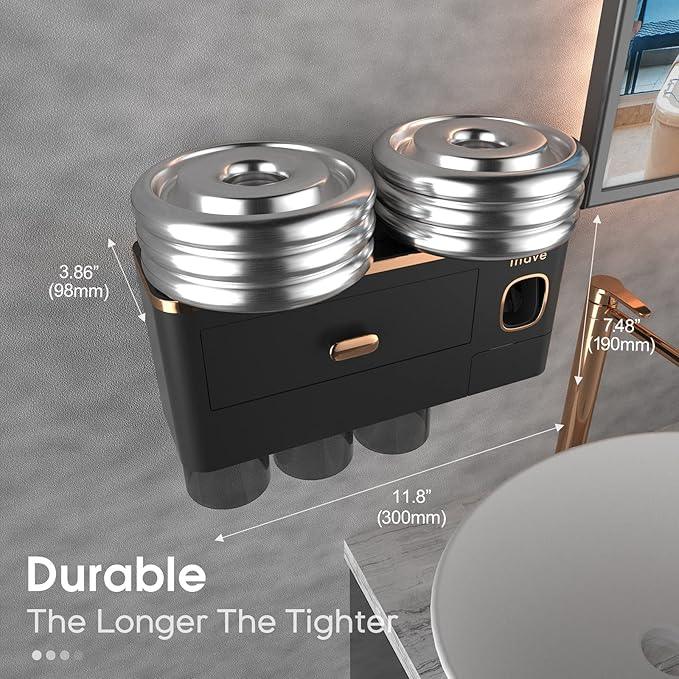 iHave Toothbrush Holders Wall Mounted with Toothpaste Dispenser & 3 Cups - Luxury Black and Gold Design for Bathroom Decor, All-in-One Bathroom Organizers & Storage for Toothbrushes and Accessories - ModernBath