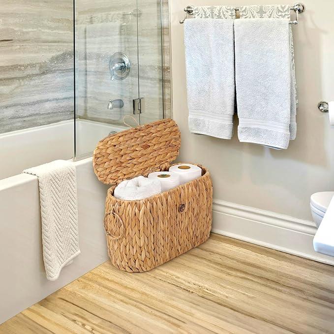 Toilet Paper Storage, Water Hyacinth Baskets with Lid, Toilet Paper Baskets for Storage Holder 6 Rolls, Papers Basket with Built-in Handles for Organizer, Bathroom Accessories Organizer - ModernBath